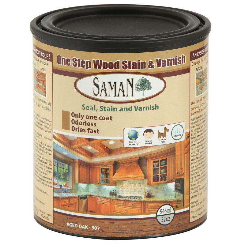 SamaN Interior One Step Wood Seal, Stain and Varnish - Oil Based Odorless Dye - Protection for Furniture and Fine Wood (Aged Oak SAM-307, 32 oz) - Image 1